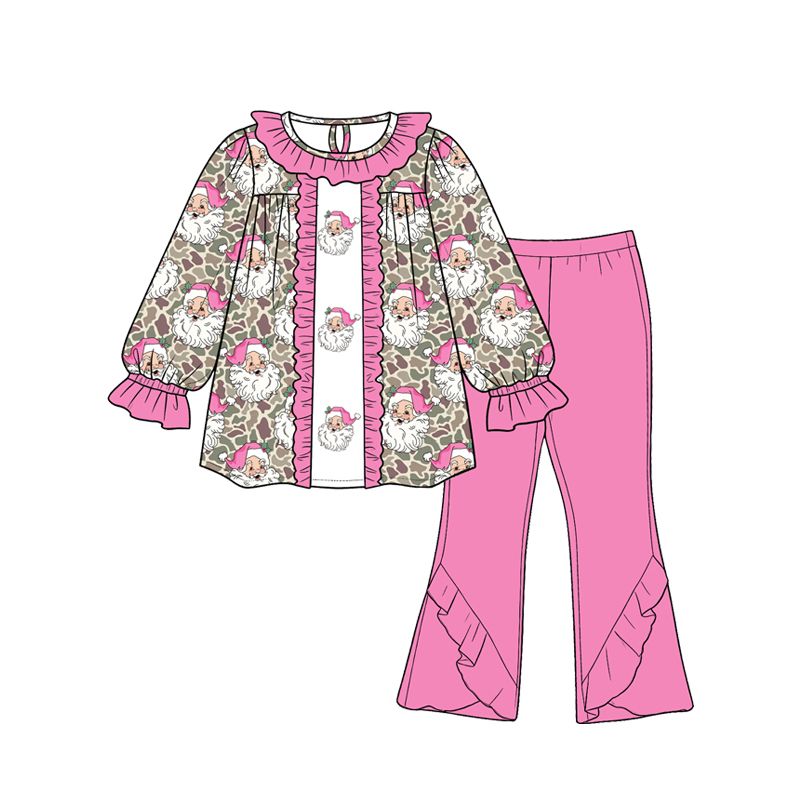 ( Moq 5 ) Preorder Baby Girls Kids Long Sleeves Christmas Santa Tunic Pink Pants Camo Set Clothes