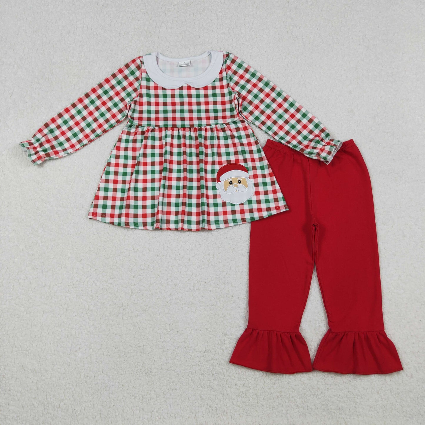 Baby Girl Long Sleeves Embroidery Santa Plaid Tunic Red Pants Christmas Set RTS