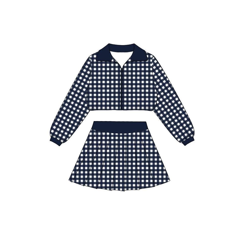 ( Moq 5 ) Preorder Baby Girls Kids Long Sleeves Navy Plaid Zipper Tops Skirt Shorts Set Yoga Active Clothes