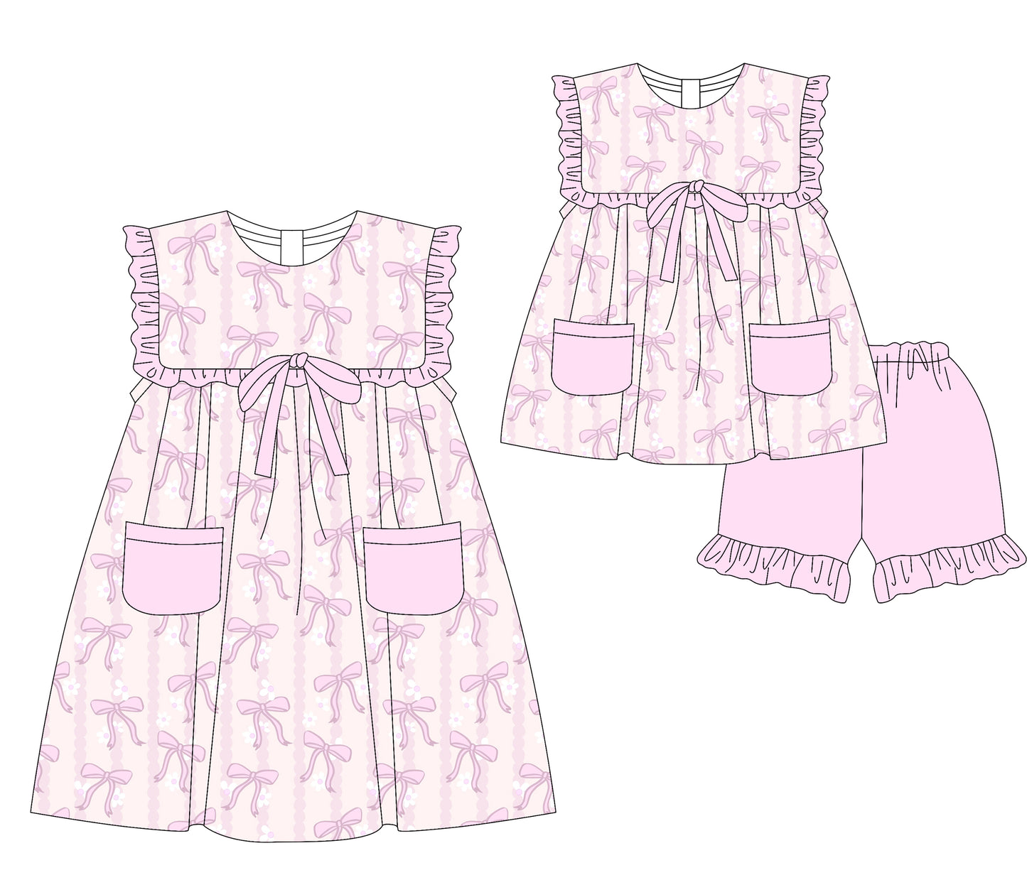 ( Moq 5 Each Style ) Sibling Baby Girls Kids Bows Floral Pink Pockets Dress Set Clothes
