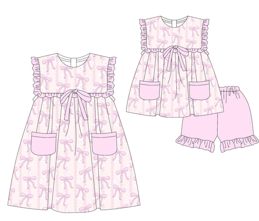 ( Moq 5 Each Style ) Sibling Baby Girls Kids Bows Floral Pink Pockets Dress Set Clothes