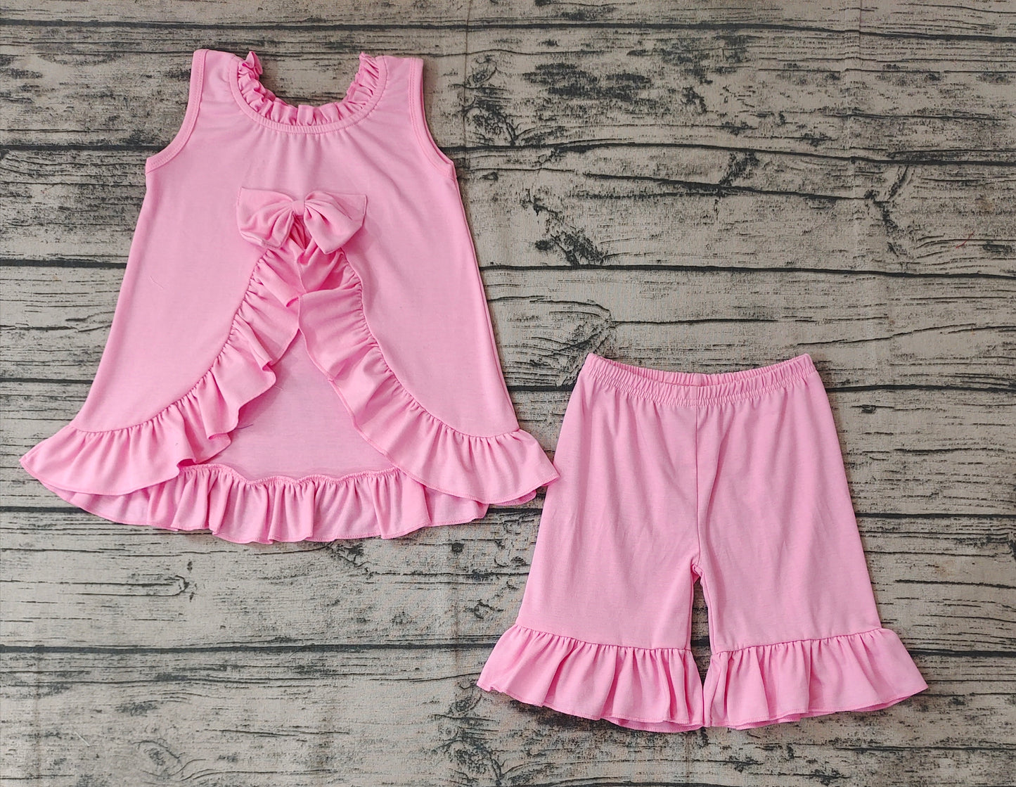 No moq Pre-order GSSO0518 Baby Girl Open Back Tops Ruffle Shorts Summer Cotton Pink Set