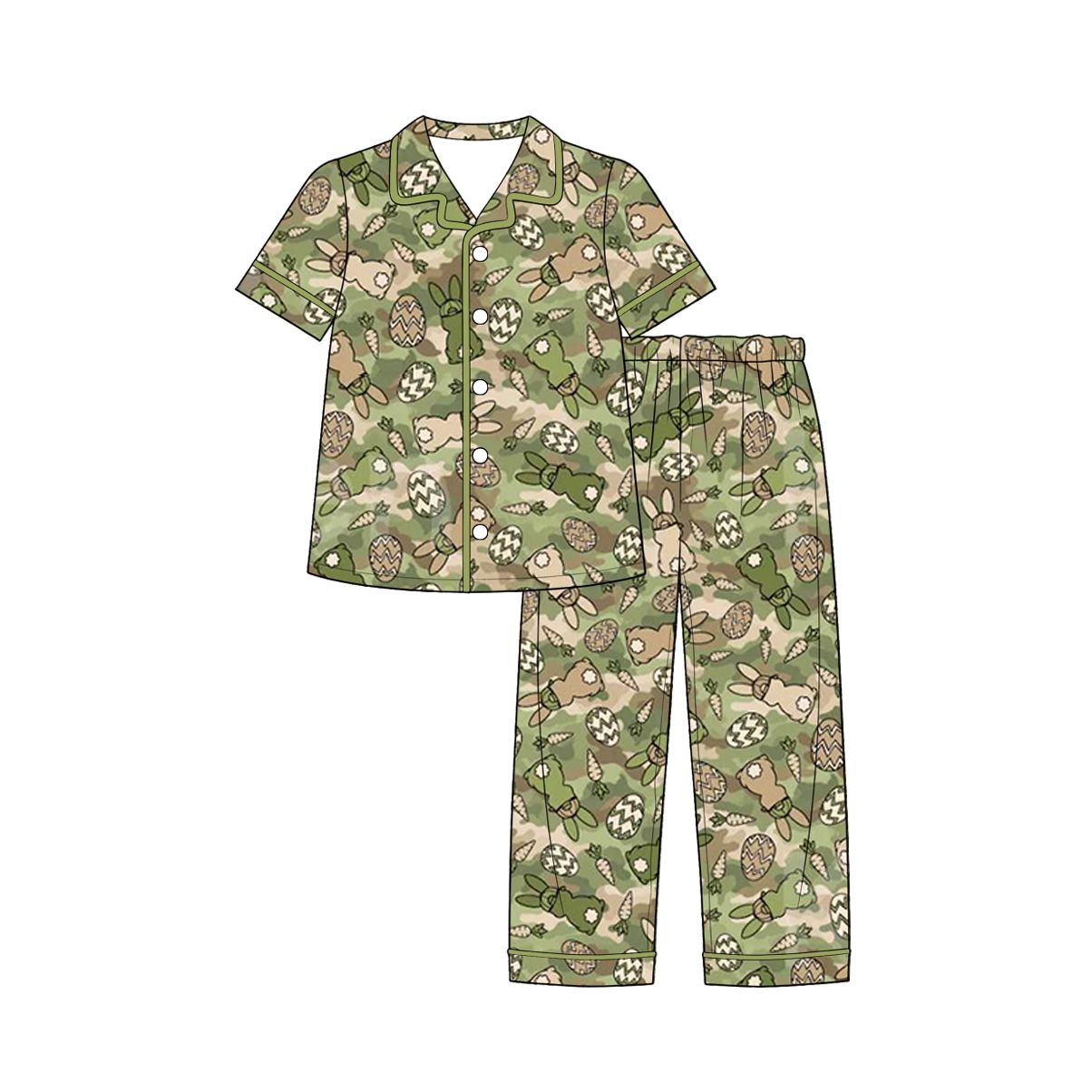 ( Moq 5 ) Preorder Baby Boys Kids Eggs Buttons Camo Shirt Pants Easter Pajamas Set Clothes