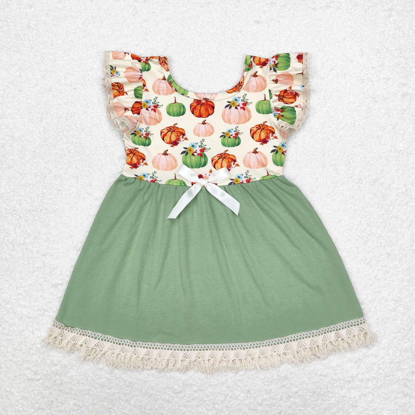 Baby Girl Short Sleeves Pumpkin Floral Fall Green Dress