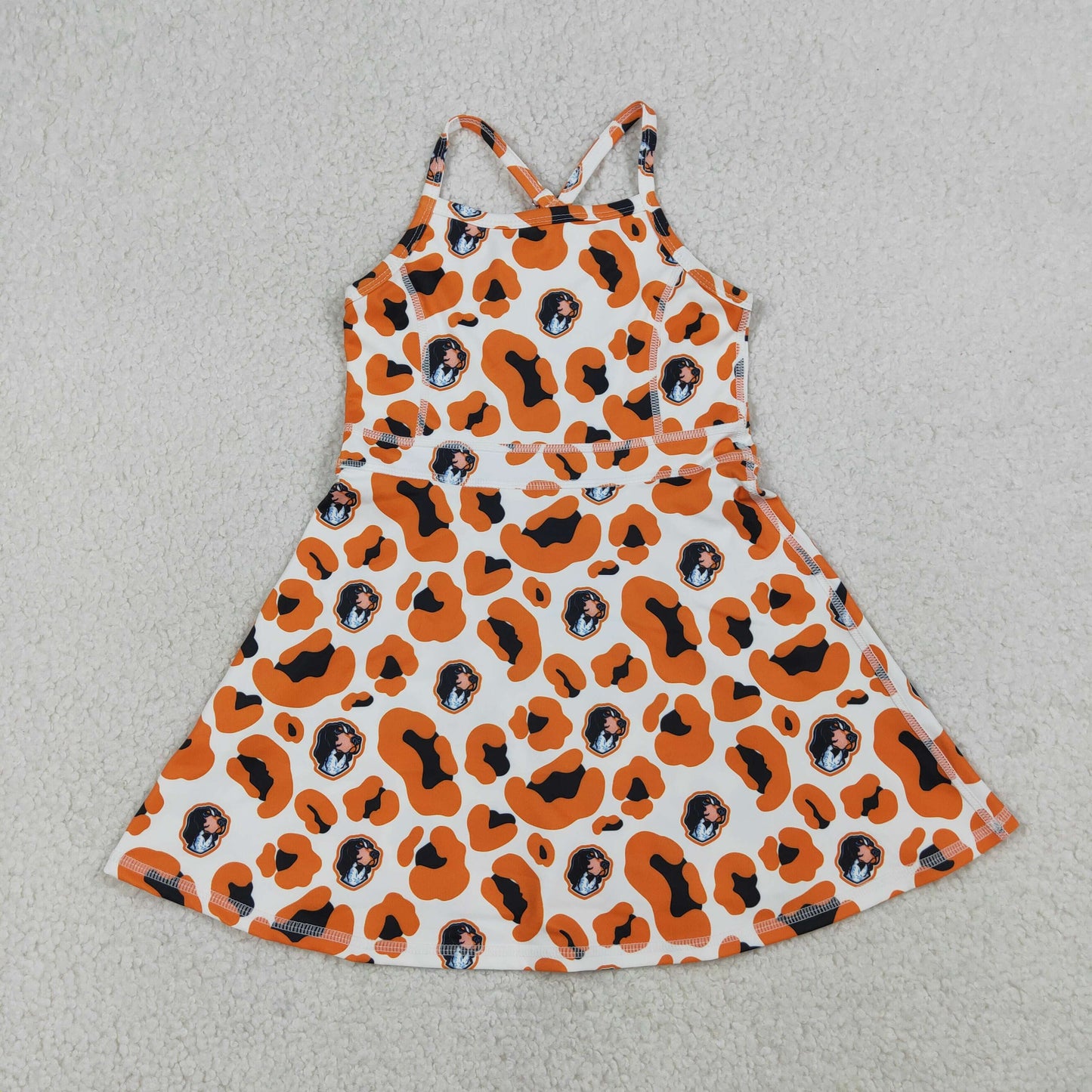 Baby Girls Kids Straps Orange Leopard Dogs Team Yoga Active Shorts Knee Length Dress RTS