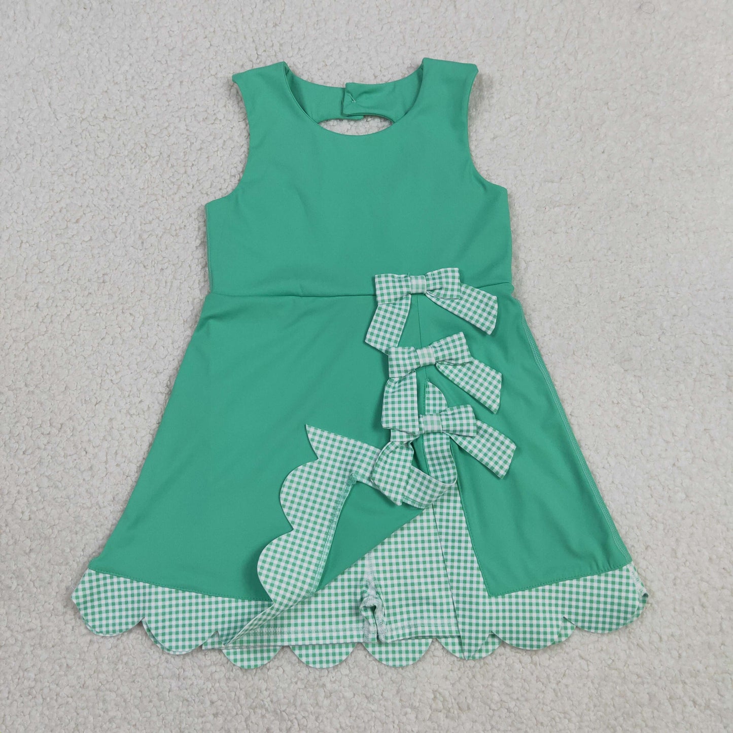 Sibling Baby Girls Kids Green Plaid Bows Skort Yoga Active Dress Set Scallop Clothes RTS
