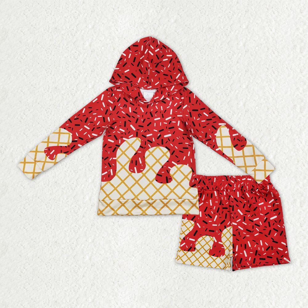 Kids Toddler Long Sleeves Red Drips Hoodie Team Shirt Pockets Shorts Set RTS
