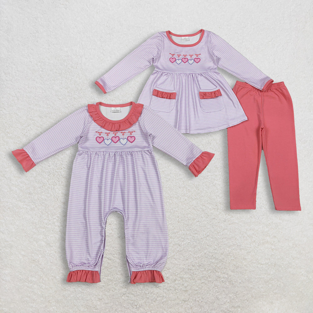 Sibling Baby Girls Kids Embroidery Hearts Bows Stripes Valentine's Day Romper Clothes Set RTS