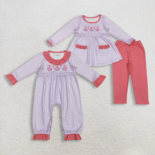 Sibling Baby Girls Kids Embroidery Hearts Bows Stripes Valentine's Day Romper Clothes Set RTS