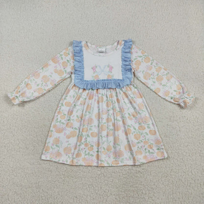 Baby Girl Long Sleeves Bows Pumpkins Flower Sibling Ruffle Fall Romper Dress Clothes RTS