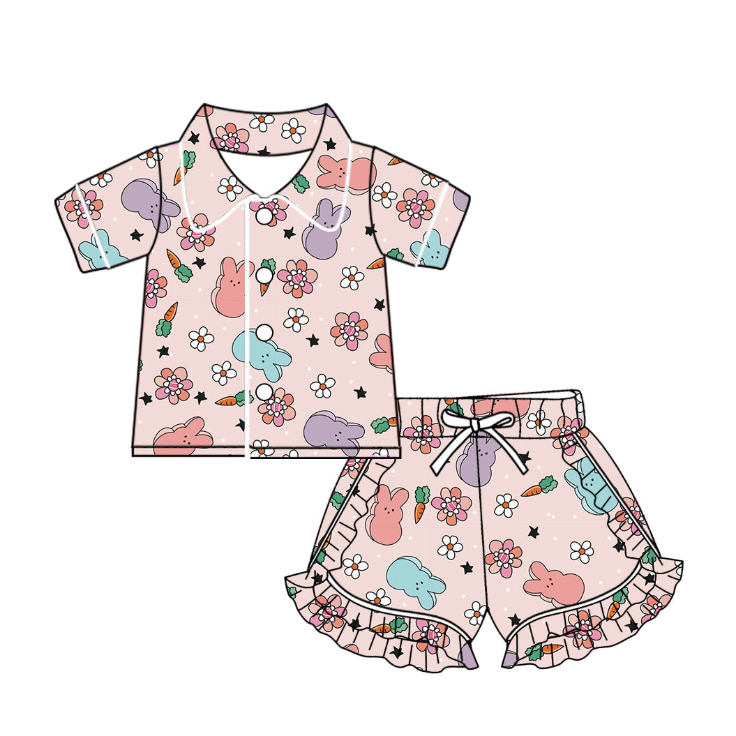 Baby Girl Short Sleeves Buttons Shirt Easter Rabbit Shorts Pajamas Clothes Set Moq 5