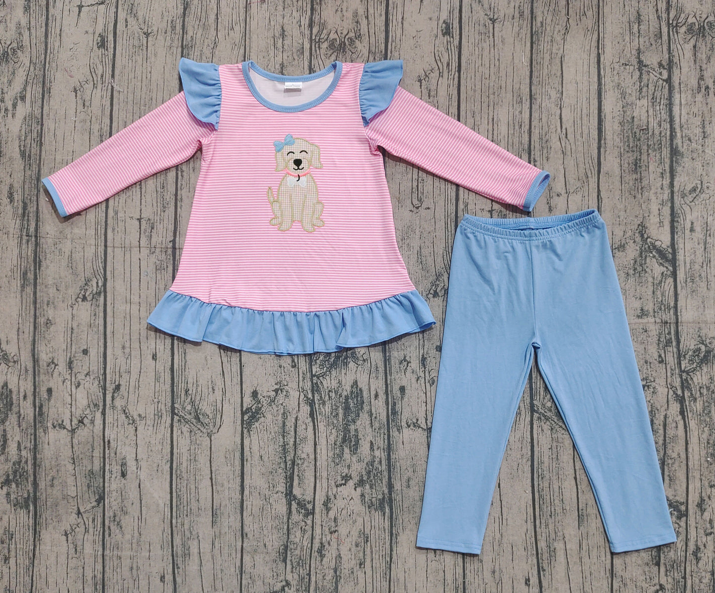 ( No moq ) Preorder Baby Girl Long Sleeves Embroidery Dog Stripes Ruffle Tops Pants Set