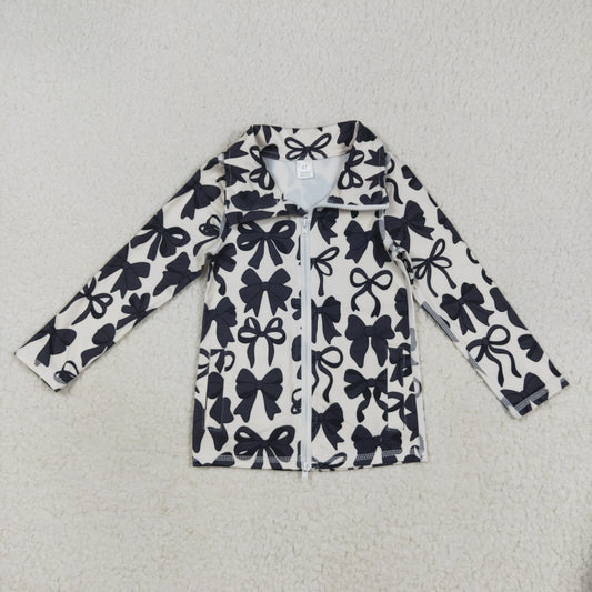 Baby Girl Long Sleeves Black Bows Zipper Pockets Yoga Active Shirt Tops RTS