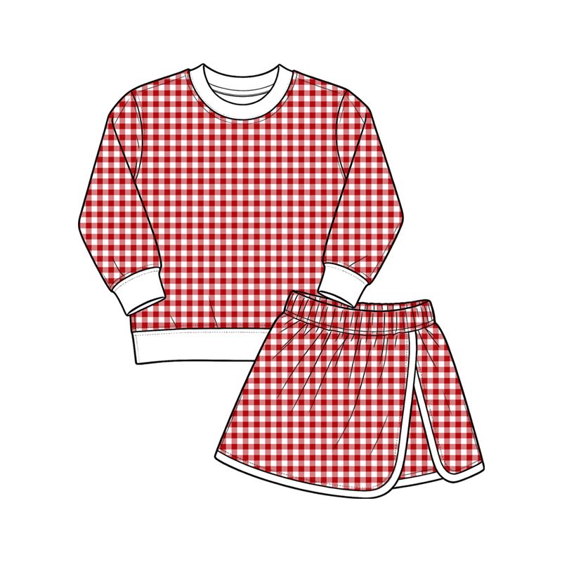 ( Moq 5 ) Preorder Baby Girls Kids Long Sleeves Red Plaid Shirt Skirt Shorts Set Yoga Active Clothes