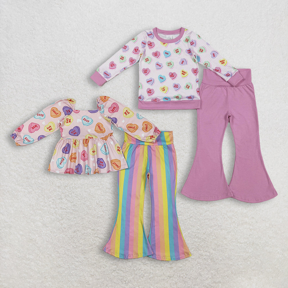 Sibling Baby Girls Kids Long Sleeves Hearts Tops Bell Pants Valentine Clothes Sets RTS