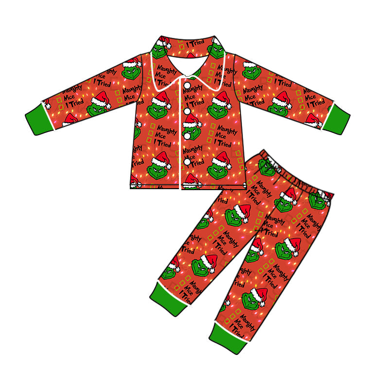 Moq 5 Baby Kids Christmas Green Face Buttons Top Pants Pajamas Clothes Sets Preorder(moq 5)