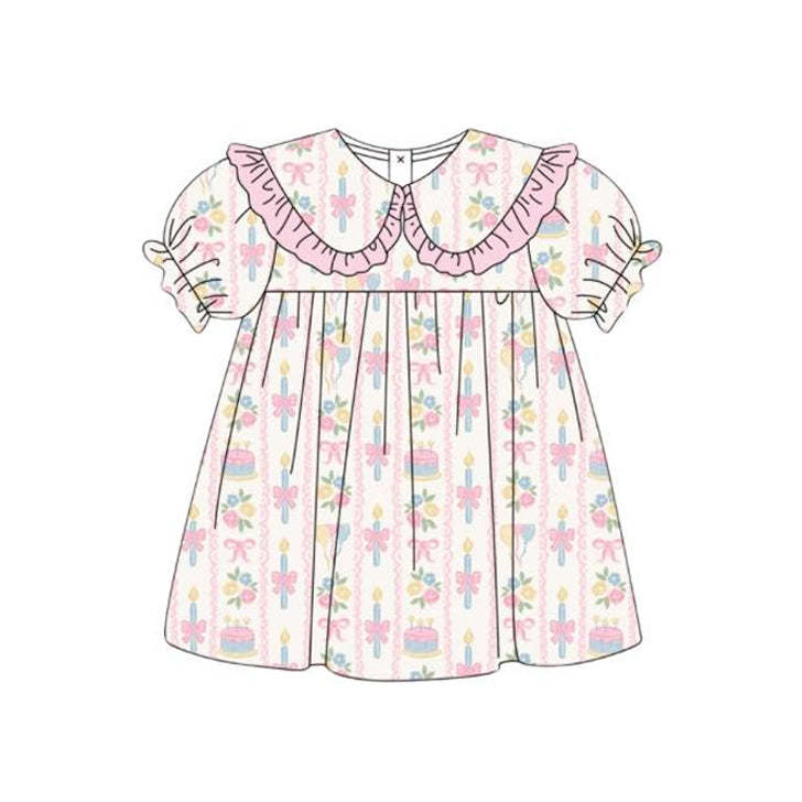 ( Moq 5 ) Preorder Baby Girls Kids Short Sleeves Flower Bows Birthday Knee Length Dress