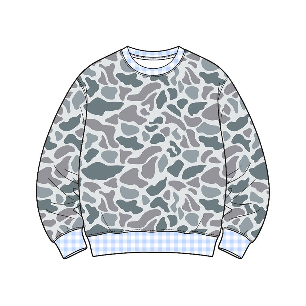 ( Moq 5 ) Preorder Baby Boys Kids Long Sleeves Plaid Pullover Shirt Tops Grey Camo Clothes