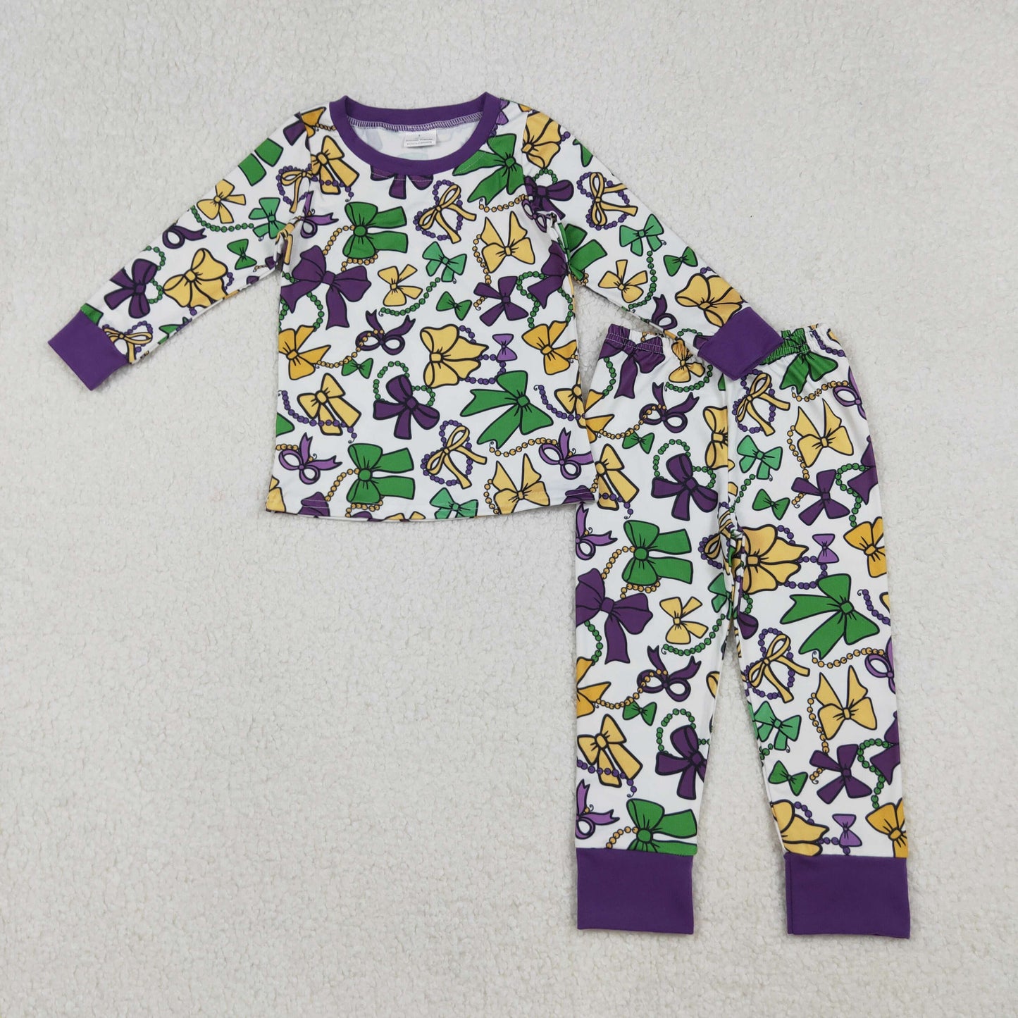 Sibling Girls Kids Long Sleeves Mardi Gras Colorful Bows Dress Pajamas Set RTS