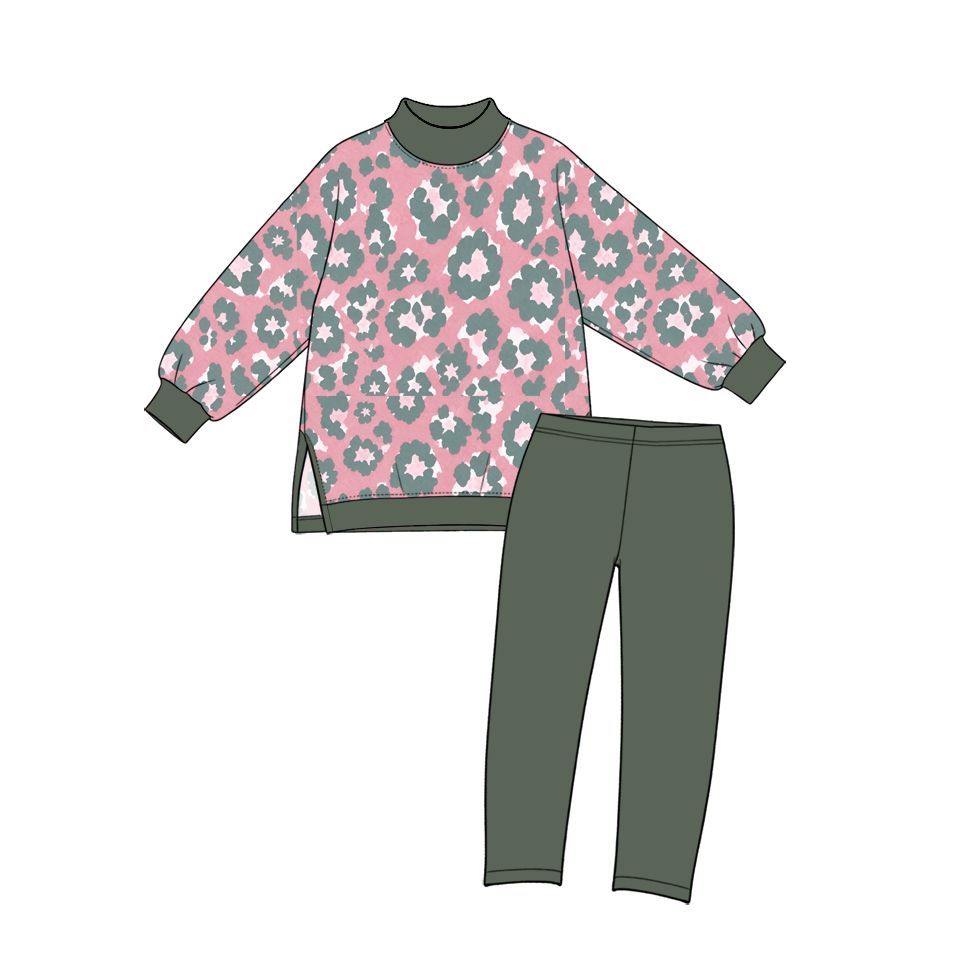 ( Moq 5 ) Preorder Baby Girls Toddler Long Sleeves Leopard Tops Green Leggings Yoga Active Set Mock Neck‌ Clothes