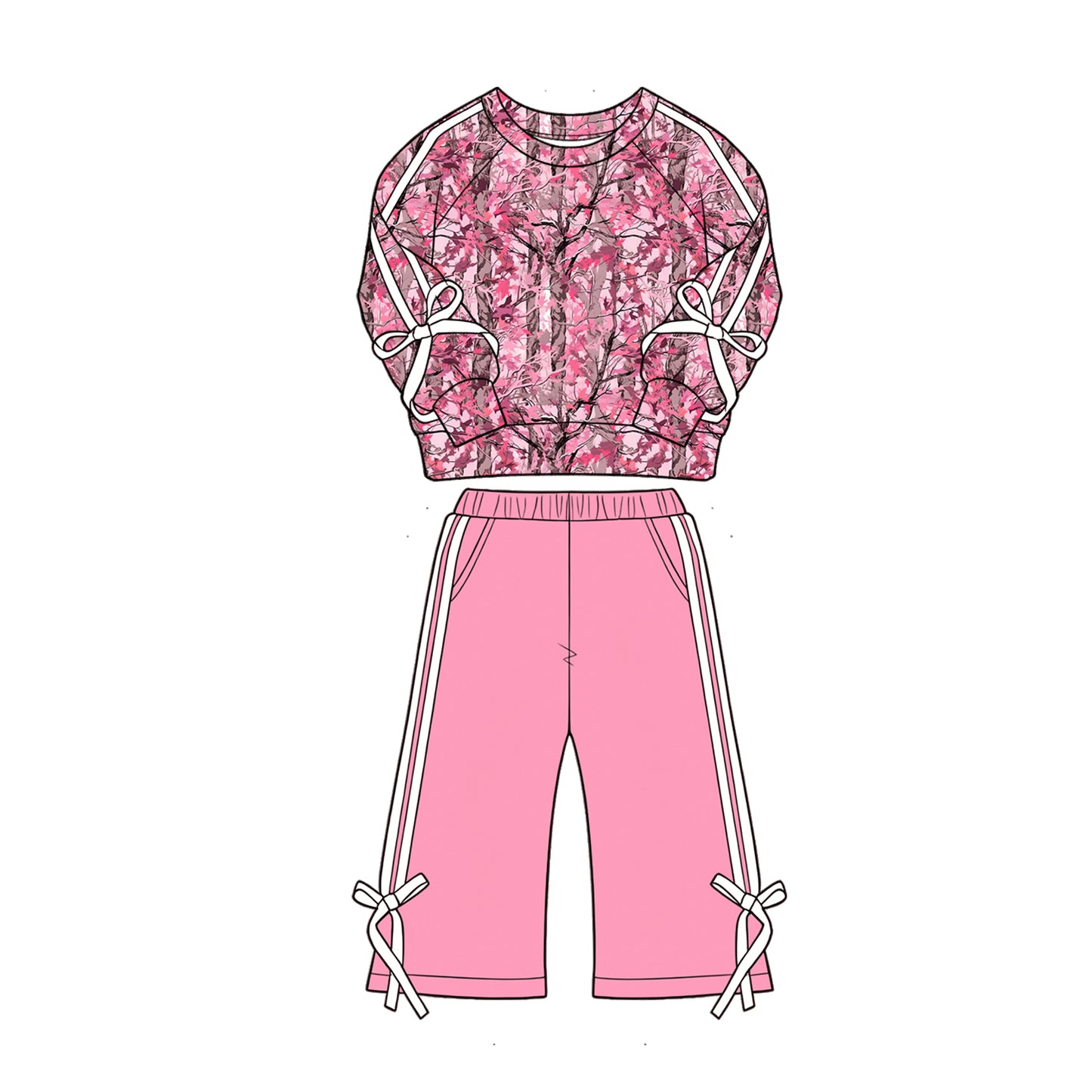 ( Moq 5 ) Preorder Baby Girls Kids Bows Long Sleeves Leaves Shirt Pockets Pants Set Pink Clothes