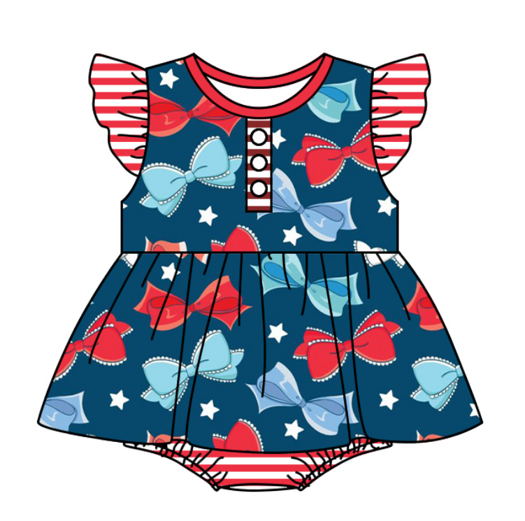 Baby Girl July 4th Bows Sibling Romper Dress Clothes Set ( Moq 5 Each Design )