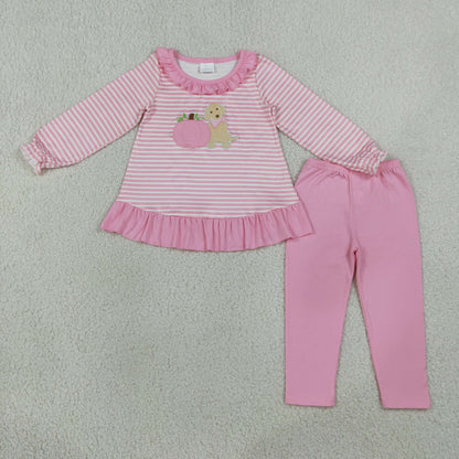 Sibling Baby Girls Kids Embroidery Pumpkins Dogs Stripes Romper Thanksgiving Set Pink Clothes RTS