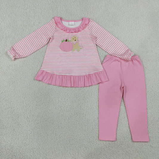 Baby Girls Kids Embroidery Pumpkin Dog Tops Pink Pants Set Fall Clothes RTS