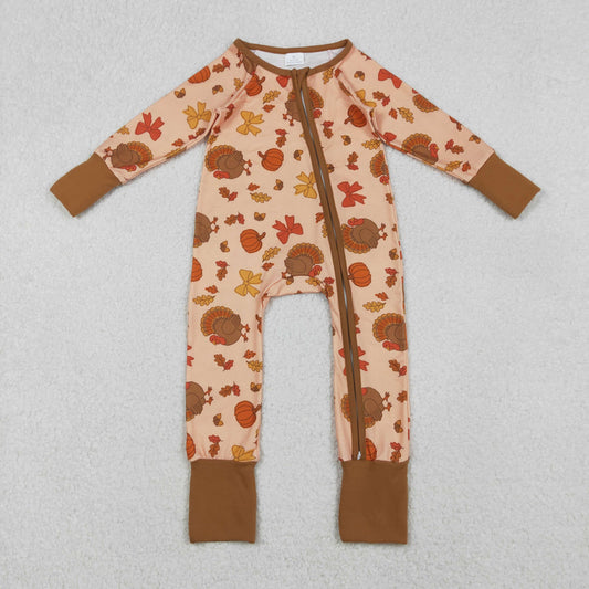 Girls Kids turkey Pumpkin Bows Fall Thanksgiving Zipper Sleeper Romper RTS