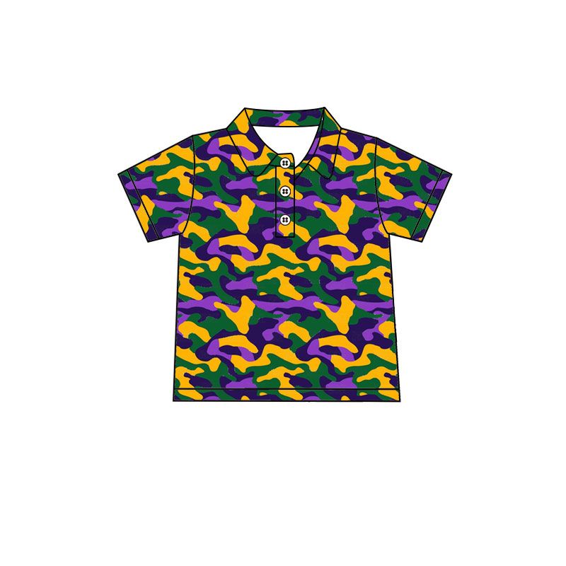 ( Moq 5 ) Preorder Baby Boys Kids Camo Short Sleeves Buttons Mardi Gras Shirt Tops Clothes