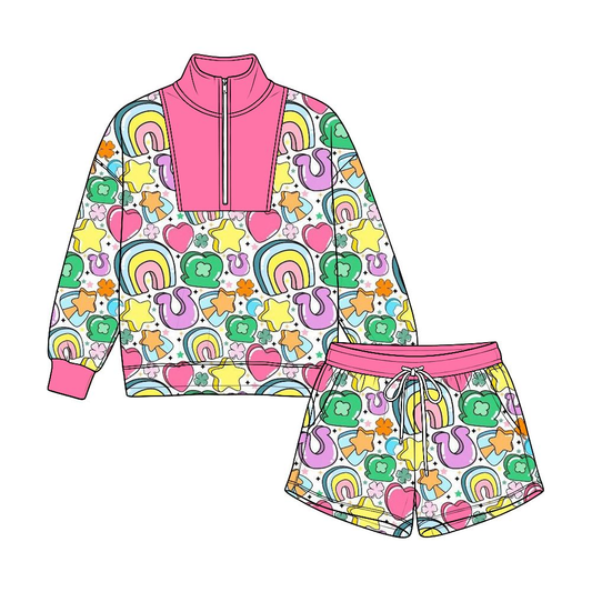 ( Moq 5 ) Preorder Baby Girls Kids Long Sleeves Zipper Shirt Pockets Shorts Set St Patrick Clothes