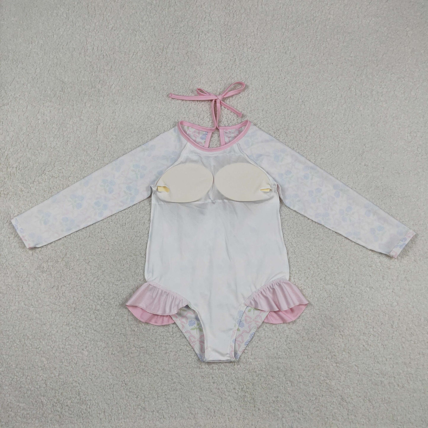 Baby Girls Kids Long Sleeves Bows Flower Pink Ruffle One-piece Swimsuit RTS