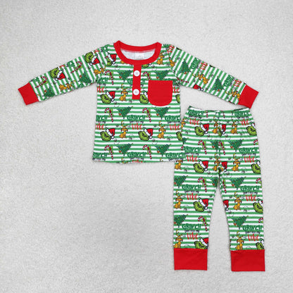 RTS Baby Girl Christmas Green Face Pocket Shirt Pants Pajamas Set