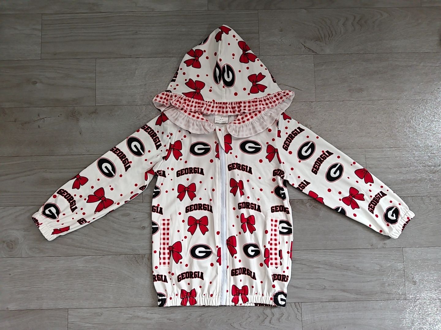 ( No moq ) Preorder Baby Girl Kids Tigers Red Pockets Zipper Plaid Hoodie Jacket Coat Team Tops