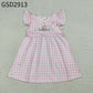 Baby Girls Kids Short Sleeves Embroidery Rabbits Eggs Easter Pink Plaid  Dress RTS