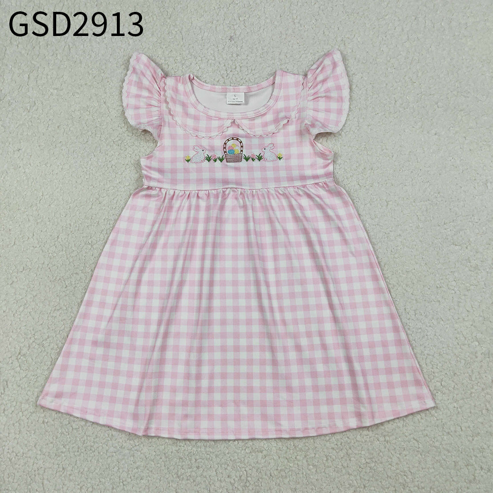 Baby Girls Kids Short Sleeves Embroidery Rabbits Eggs Easter Pink Plaid  Dress RTS