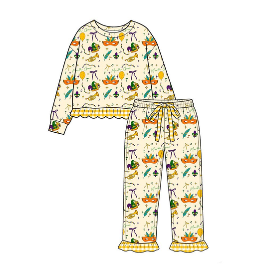 ( Moq 5 ) Preorder Baby Girls Kids Anchors Masks Shirt Pockets Pants Set Mardi Gras Clothes