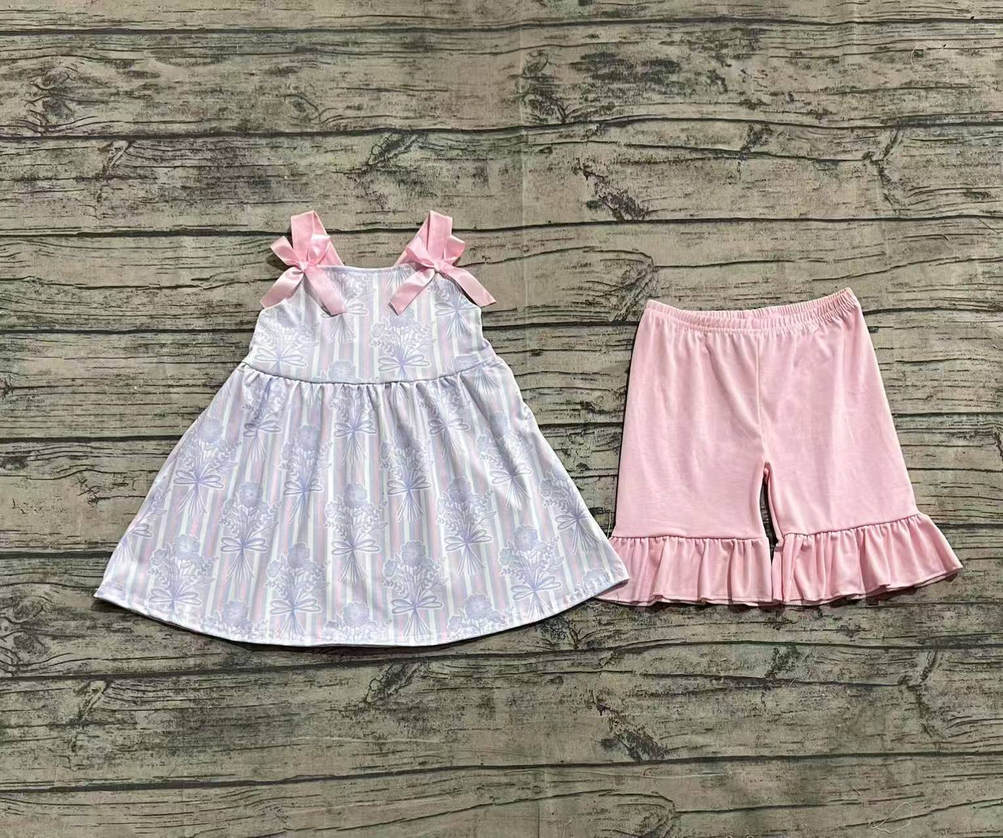 Baby Girl Infant Bows Straps Flower Stripes Tunic Pink Shorts Set RTS