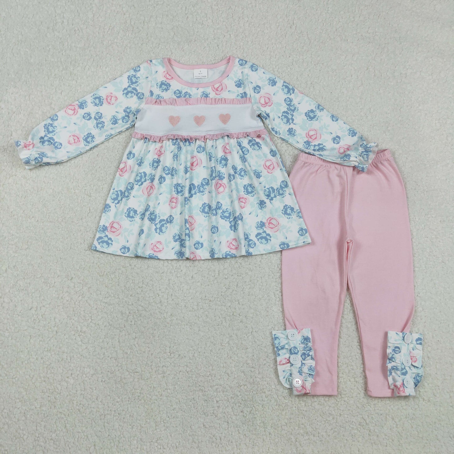 BBaby Girls Kids Long Sleeves Embroidery Hearts Flower Tunic Pink Pants Valentine's Day Set
