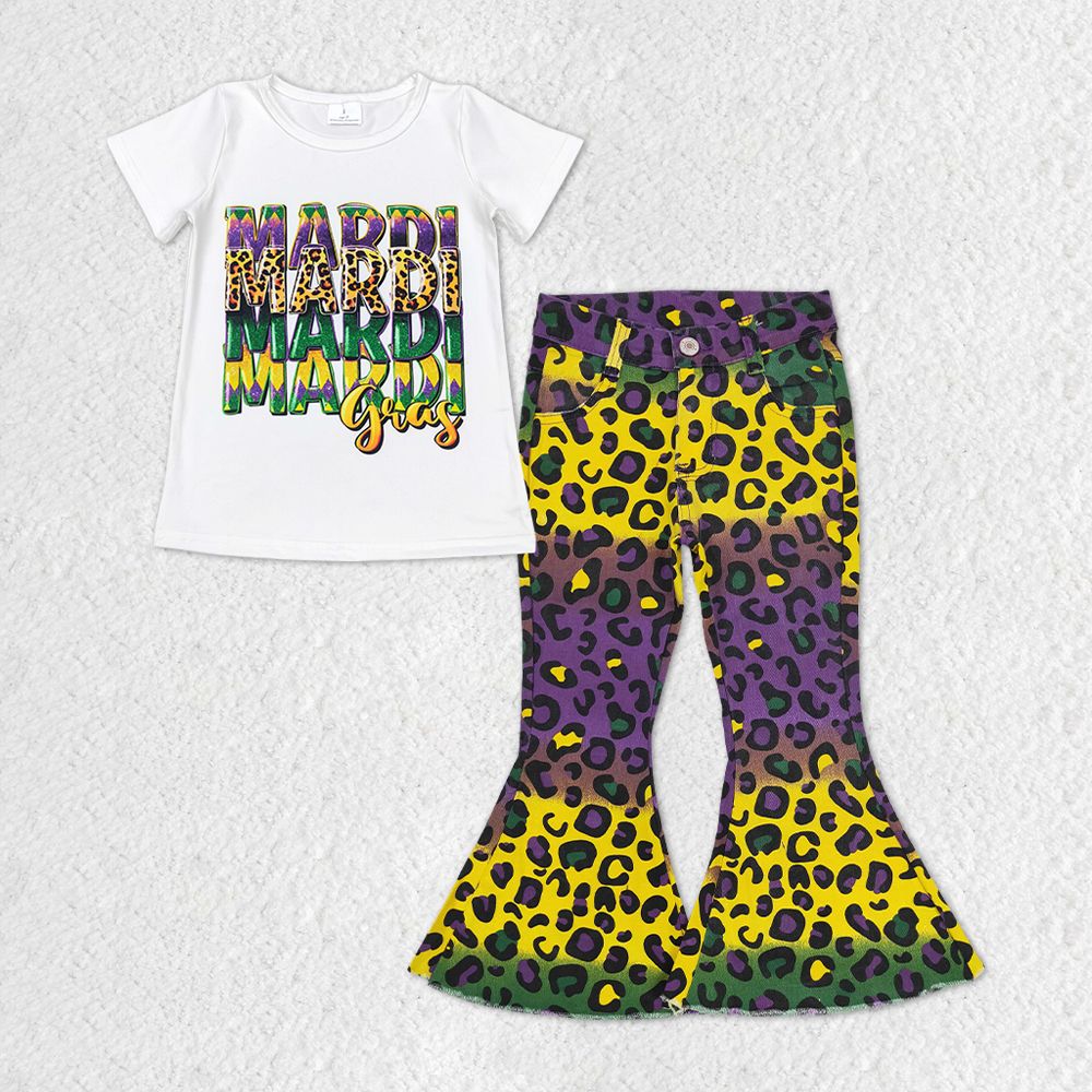 GSPO1330 Baby Girl Mardi Gras Shirt Leopard Denim Pants Set