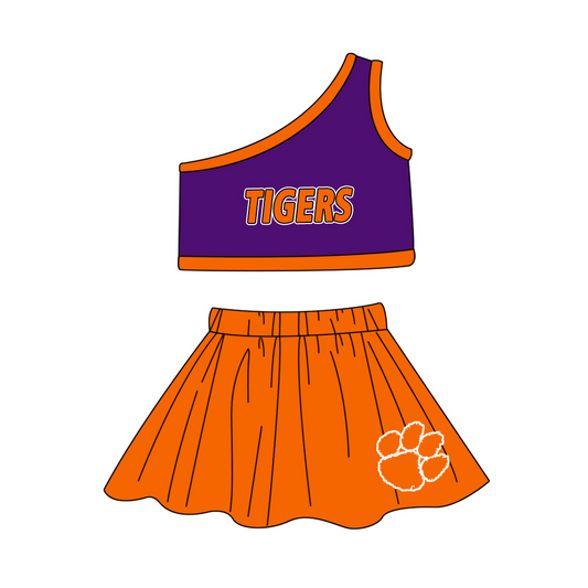 Baby Girl One Shoulder Tiger Tops Orange Skirt Team Set