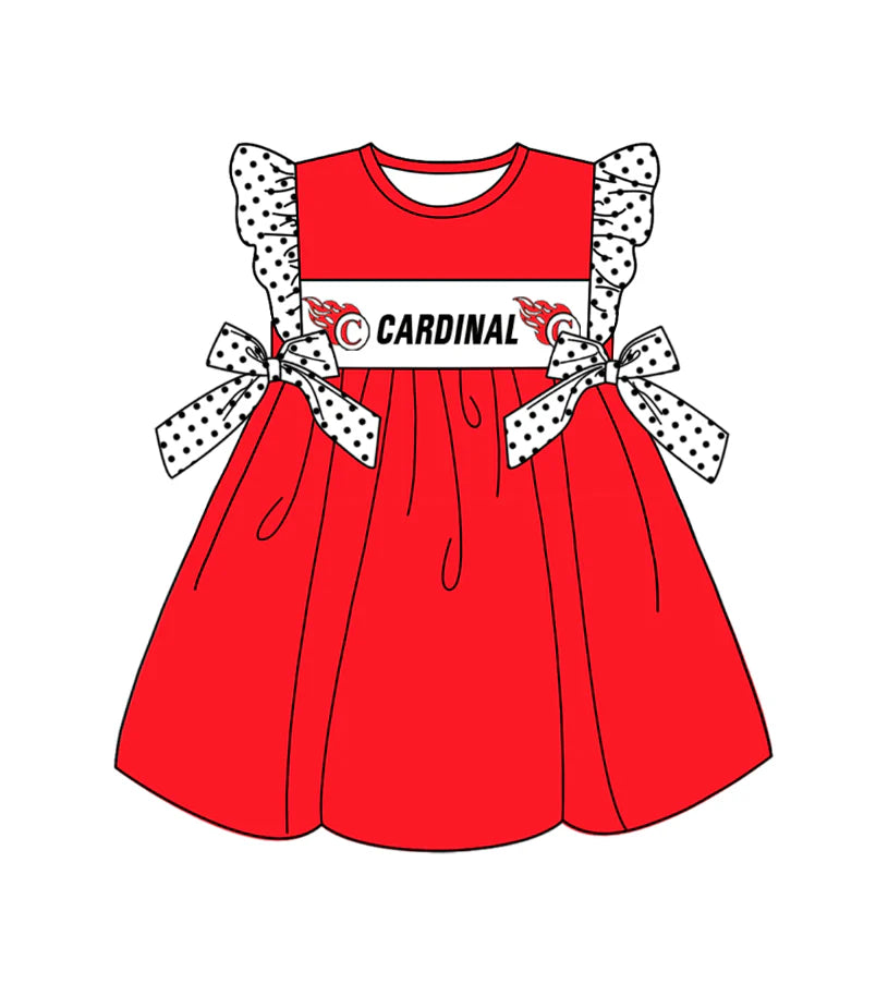 Baby Girl Short Sleeves Team Bows Knee Length Red Dress ( Moq 5 )
