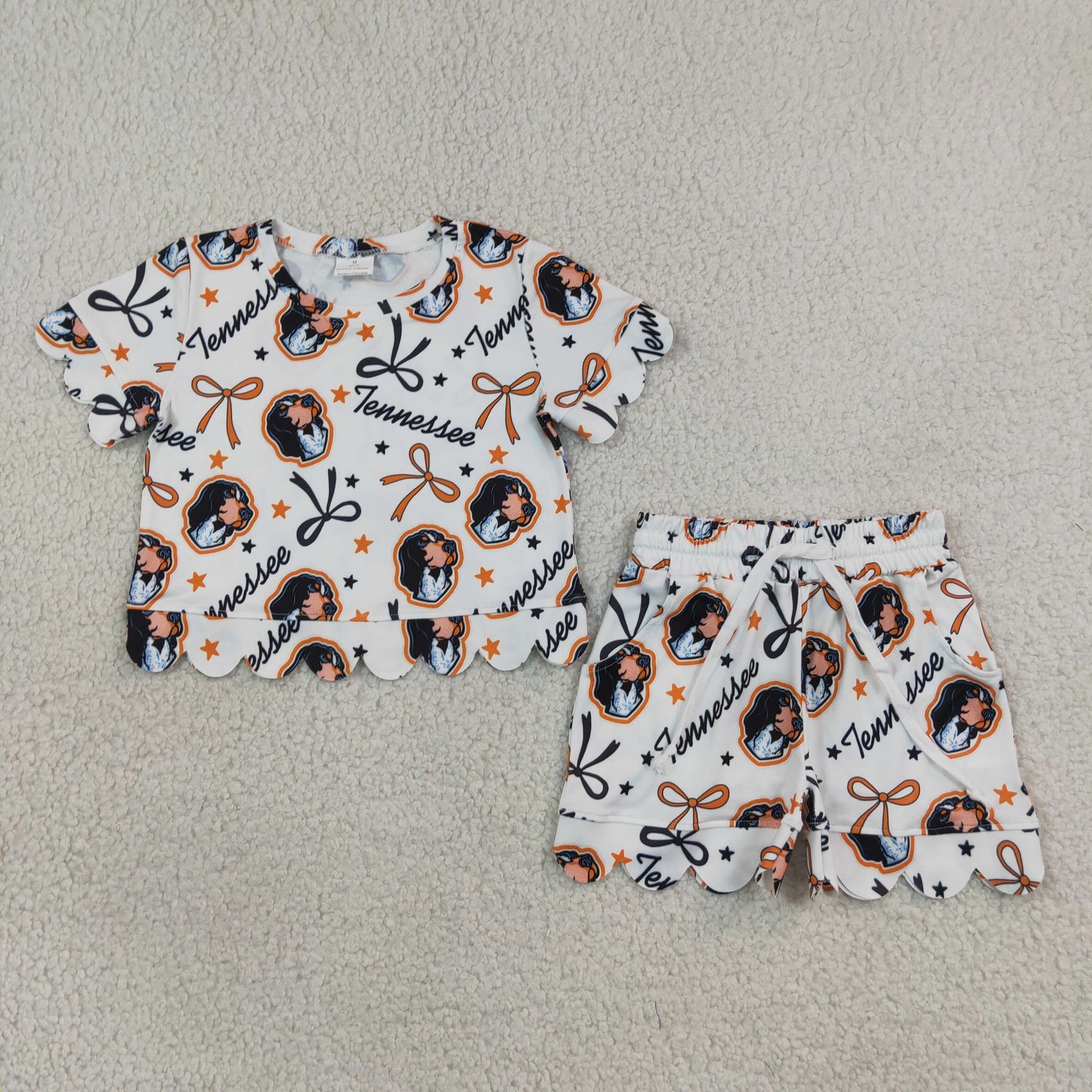 Baby Girls Kids Short Sleeves Bows Dogs Team Shirt Scallop Shorts Summer Set RTS