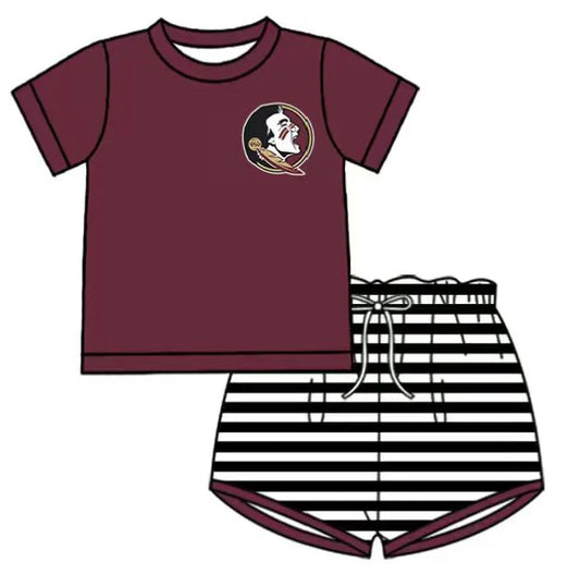 ( Moq 5 ) Baby Boys Short Sleeves Dark Red Shirt Stripes Shorts Team Clothes Set