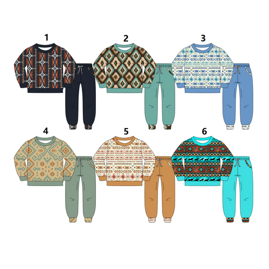 ( Moq 5 Each Style ) Sibling Baby Boys Long Sleeves Aztec Shirt Pockets Pants Western Sets