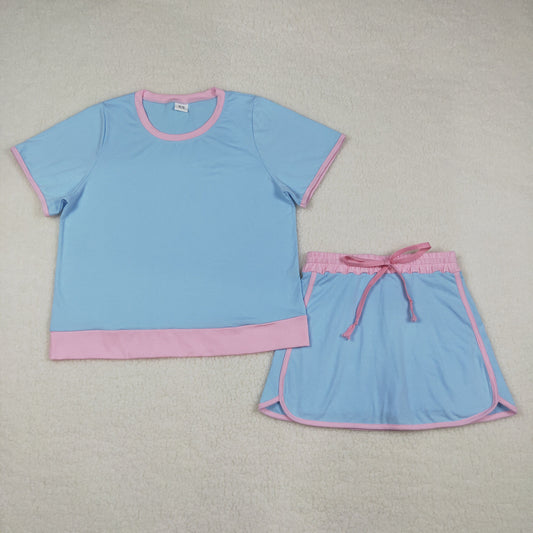Adult Women Short Sleeves Shirt Shorts Blue Cotton Clothes Set RTS