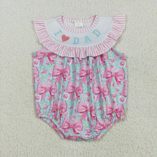 Baby Girl Short Sleeves Embroidery I Love Dad Bows Flower Bubble Romper RTS
