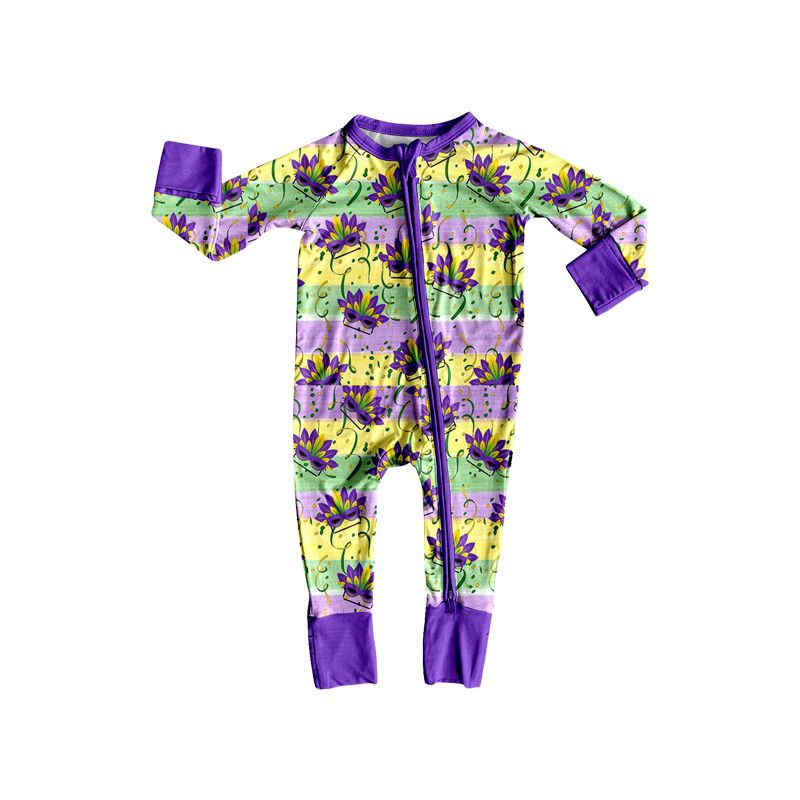 ( Moq 5 ) Preorder Baby Toddler Kids Masks Stripes Mardi Gras Zipper Footie Romper Clothes