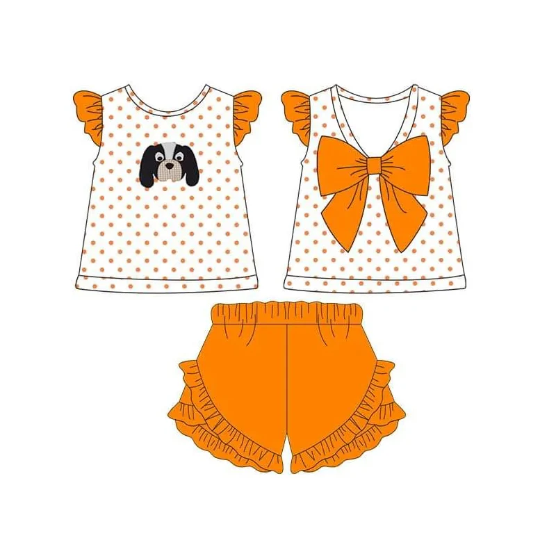 Baby Girl Team Dog Dots Tops Cotton Orange Shorts Set