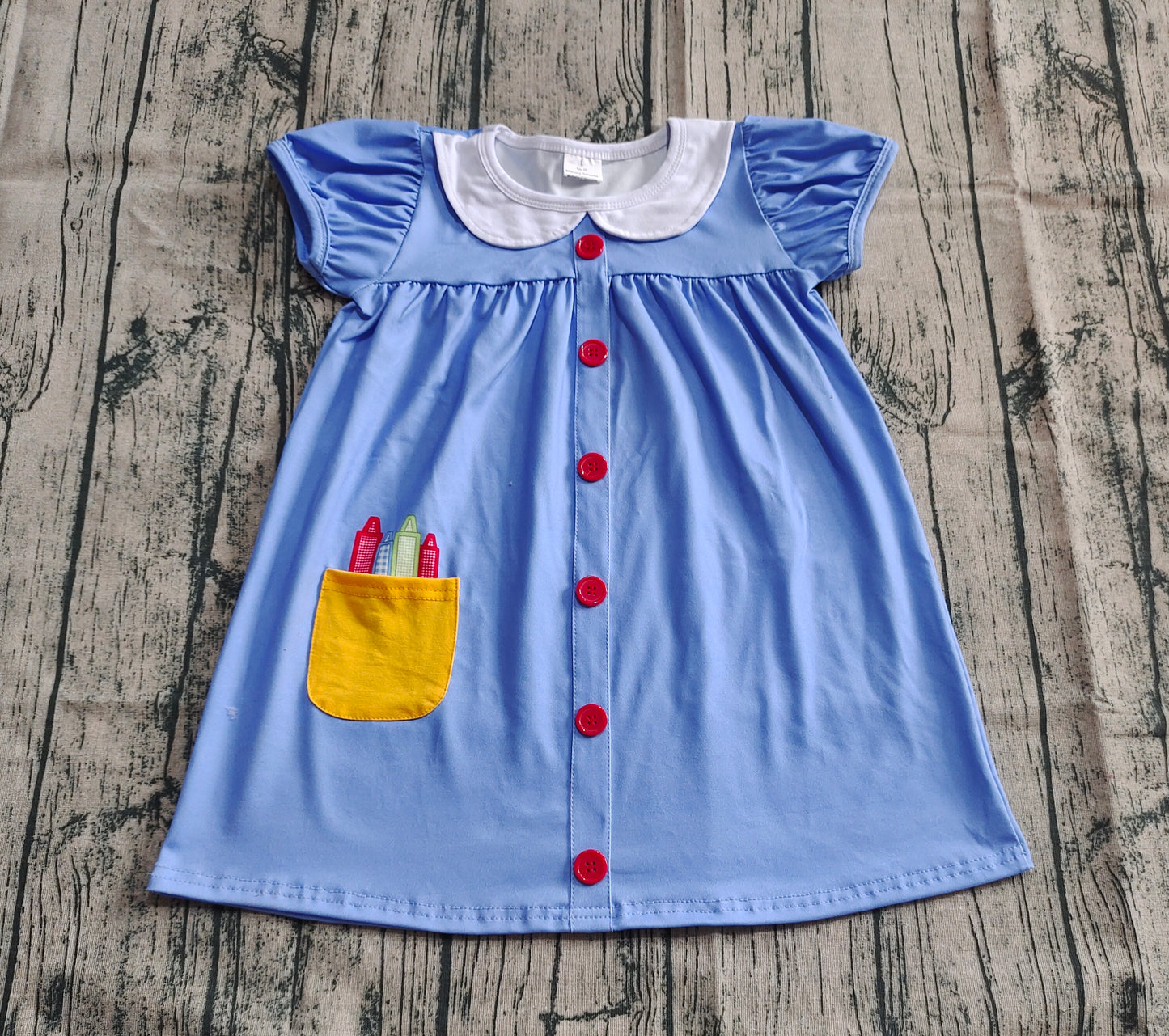 Baby Girl Short Sleeves Pen Blue Back to School Knee Length Dress RTS